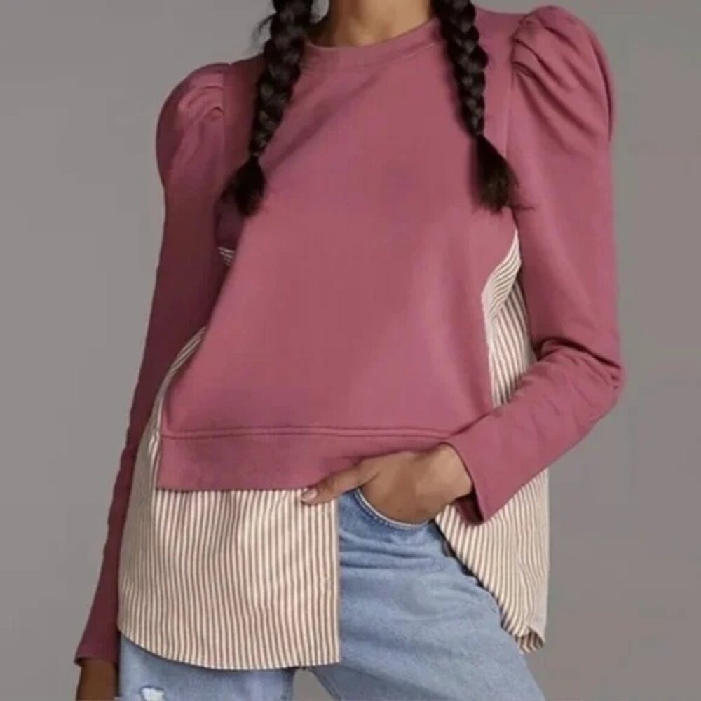 Maeve by Anthropologie Mauve Pink Mixed Media Puff Sleeve Striped Sweatshirt XXS